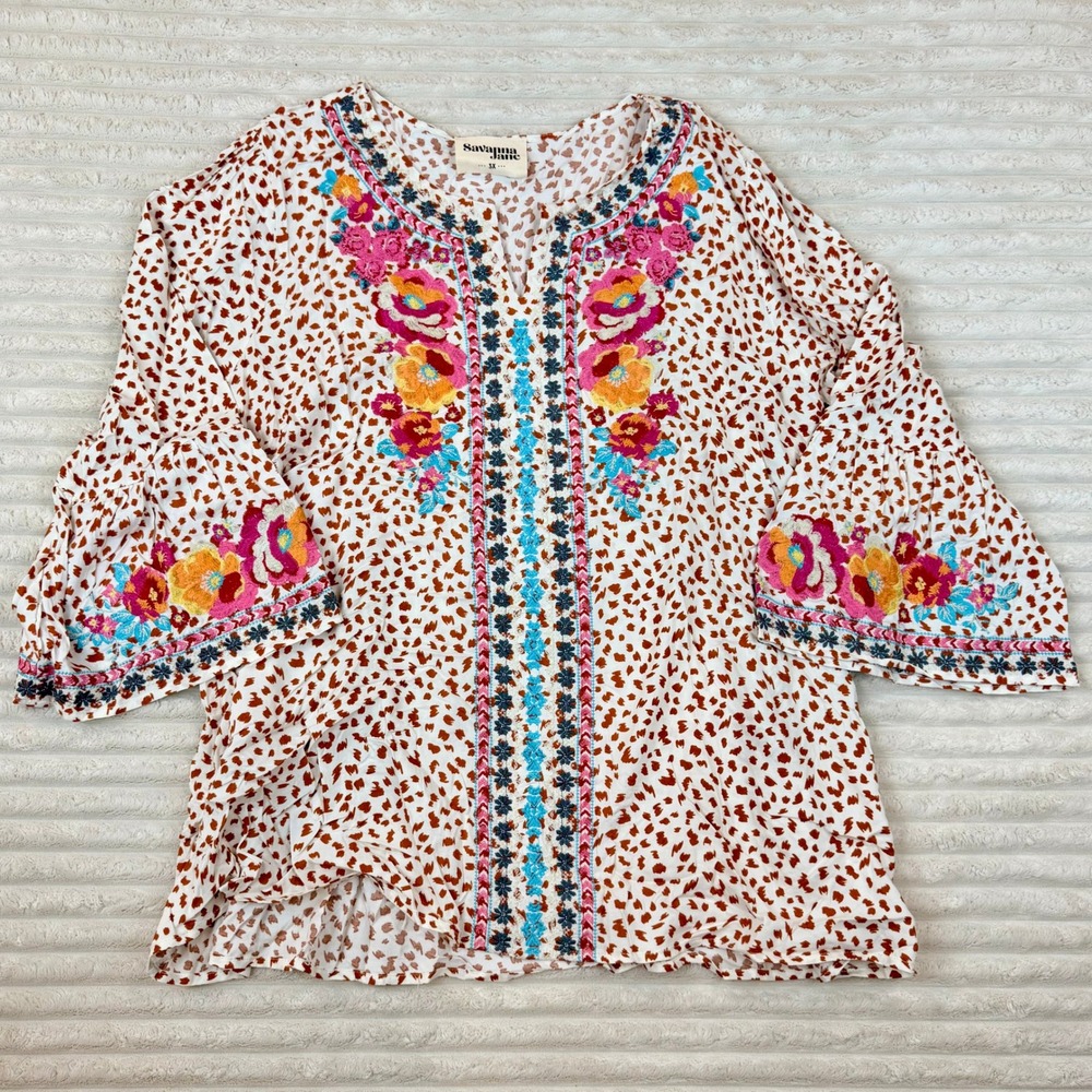 Chic Soul Savanna Jane Floral Embroidered Animal Print Bell Sleeve Blouse 3X
